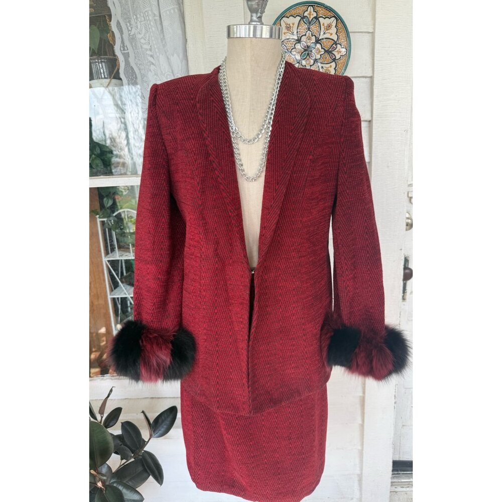 Vintage 80's Red Suit Skirt Real fur Sleeves Perche' Couture Size 16